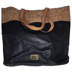 Ralph Lauren Tote Bag Cork Trim Black Faux Leather Shoulder Bag